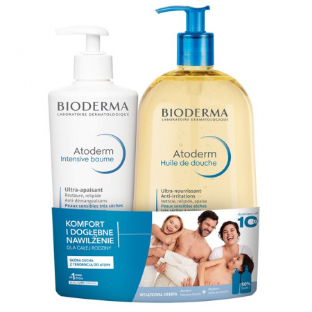 Bioderma Zestaw: Atoderm Intensive Baume kojący balsam, 500 ml + Atoderm Huile de douche olejek do kąpieli, 1 l