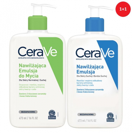 CeraVe Zestaw: Nawilżająca emulsja do mycia 473 ml + Emulsja do ciała, 473 ml