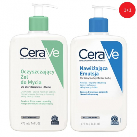 CeraVe Zestaw: Oczyszczający żel do mycia 473 ml + Nawilżająca emulsja do ciała, 473 ml