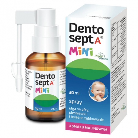 Dentosept A Mini spray na afty pleśniawki i ząbkowanie smak malinowy, 30 ml