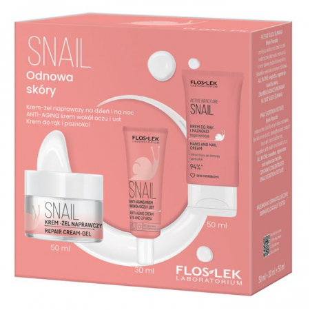 FlosLek Snail Odnowa skóry Zestaw: krem-żel naprawczy, 50 ml + krem wokół oczu i ust, 30 ml + krem do rąk, 50ml