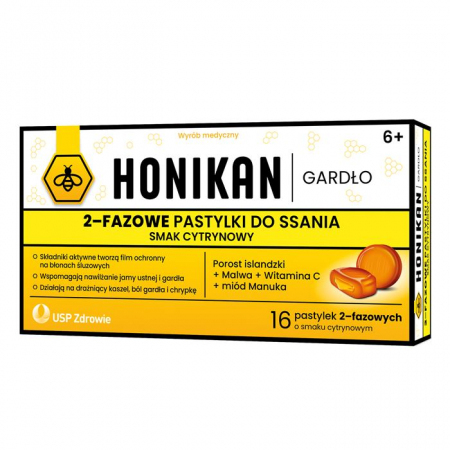 Honikan Gardło 2-fazowe pastylki do ssania o smaku cytrynowym, 16 szt.