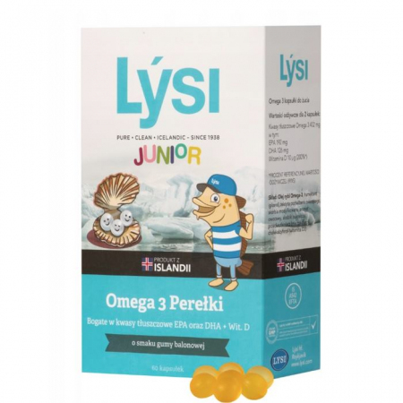 Lysi Junior Omega-3 perełki o smaku gumy balonowej, 60 szt.