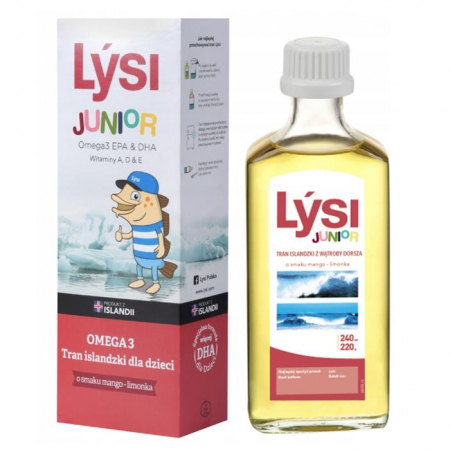 Lysi Tran islandzki dla dzieci o smaku mango-limonka, 240 ml