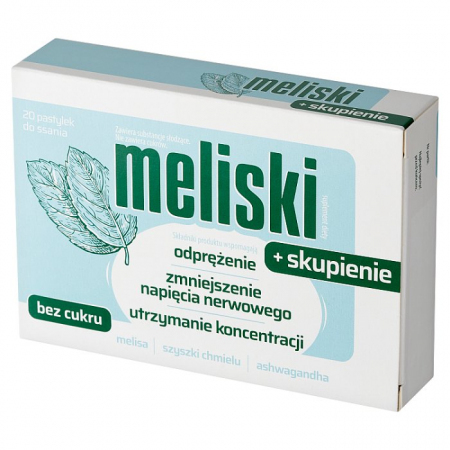 Meliski + skupienie pastylki do ssania na stres i koncentrację, 20 szt.