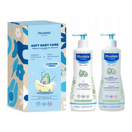 Mustela Soft Baby Care Zestaw Delikatne oczyszczenie: Delikatny żel do mycia, 500 ml + Woda oczyszczająca, 500 ml