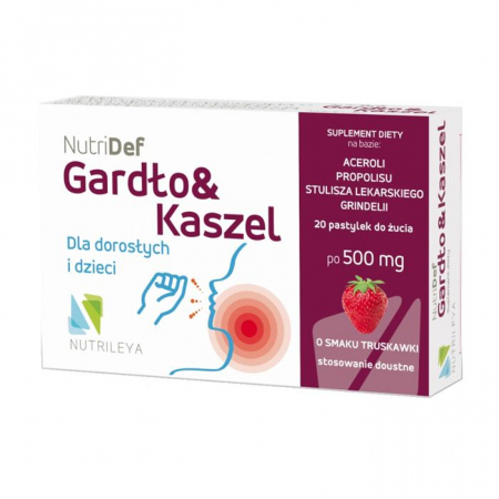 NutriDef Gardło & Kaszel pastylki do żucia o smaku truskawkowym, 20 szt.