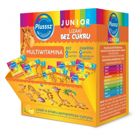 Plusssz Junior lizaki multiwitamina bez cukru smak pomarańczowo-cytrynowy, 50 szt.