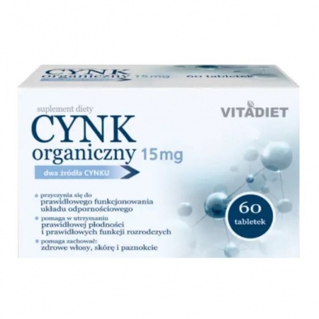 VitaDiet Cynk organiczny 15 mg tabletki na odporność i zdrową skórę, 60 szt.